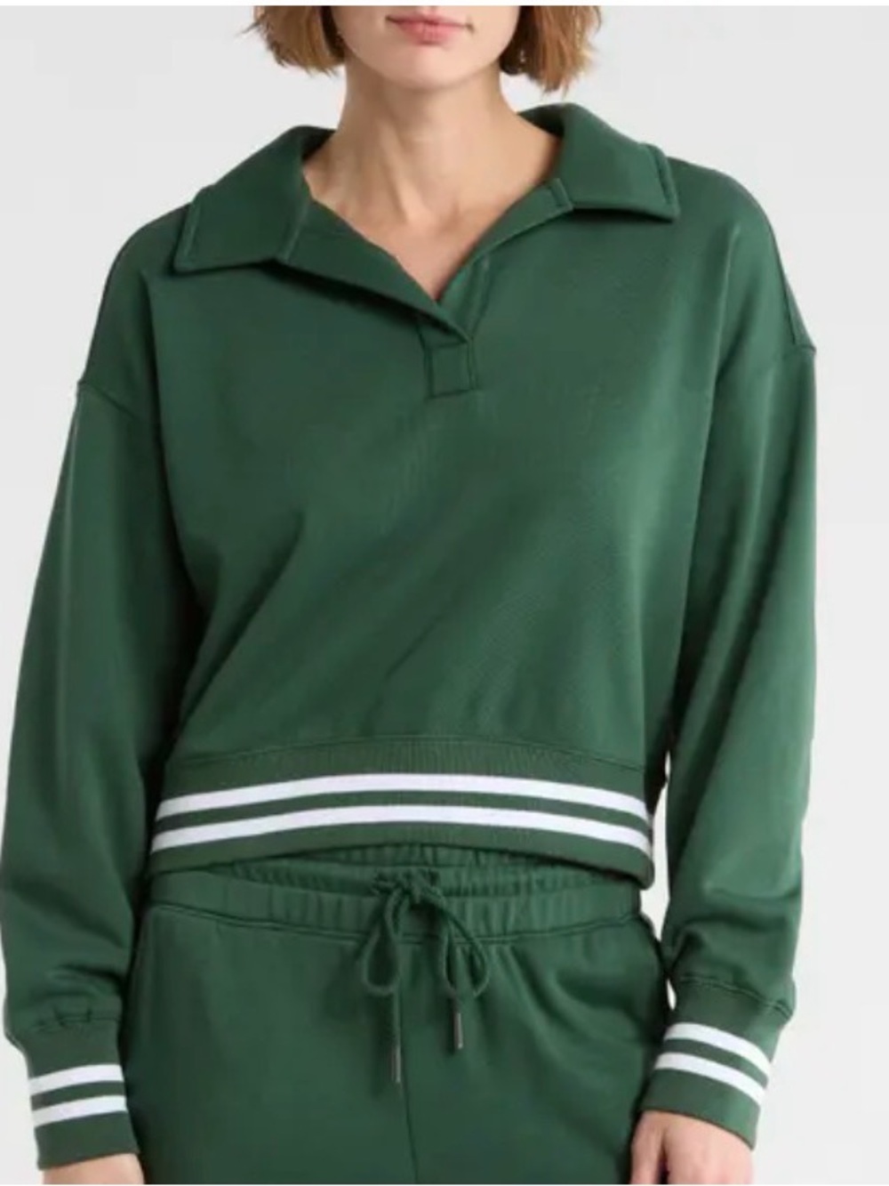 Cropped Forest Green Pullover Sweatshirt with White Stripe Trim